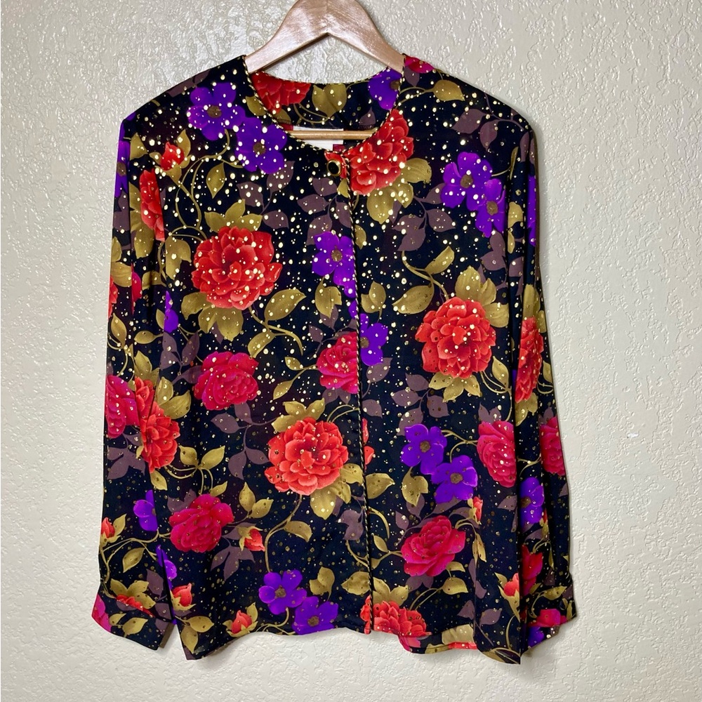 VTG 90s Christie & Jill Ladies Top Mature Floral & Metallic Gold Chiffon Size 16